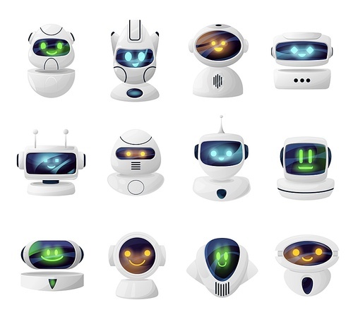 Robots, androids heads with cute faces on screen. Smiling androids cartoon characters, artificial intelligence robot mascot or cybernetic alien life form with glowing eyes and mouth on display vector