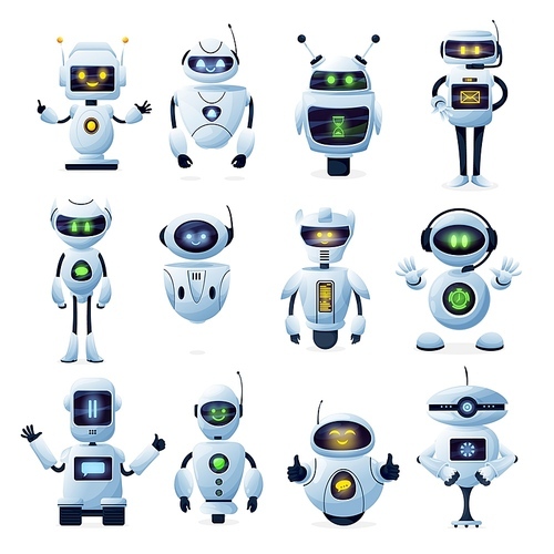 Robots and chatbots, AI bots characters, vector cartoon vector future mascots. Android robots, chatbots and digital cyborgs, futuristic technology service and communication artificial intelligence