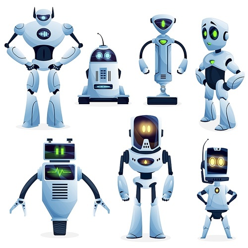 Robot and artificial intelligence bot cartoon characters. Vector ai robots, androids, cyborgs and droids with humanoid bodies, cute computer faces and mechanical manipulator arms, antennas, headphones
