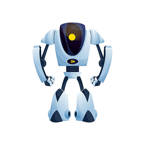 Robot with foldable hands and legs isolated robotic character in white color. Vector artificial intelligence automation bot. Android kids toy, cyborg plastic futuristic robot sci-fi hi-tech machine