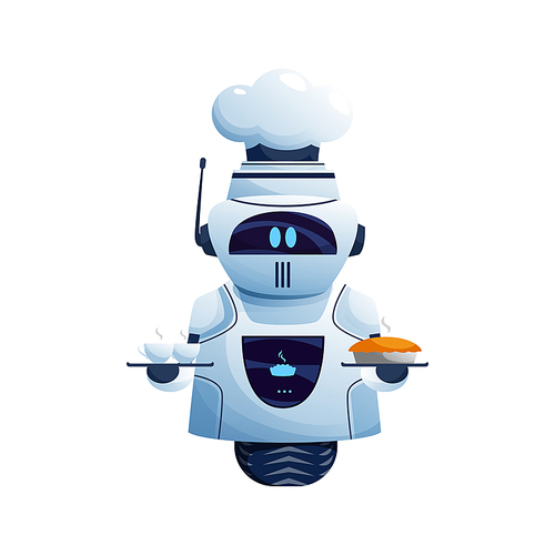 Robot with chefs cup isolated cook with food and drinks on plate. Vector one wheel automation, cooker holding in hands cup of coffee and baked cake. Smart cooker chef machine, new technology