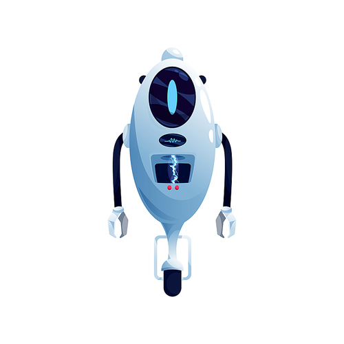 Single wheel robot modern kids toy isolated humanoid robotic automation. Vector bot, single wheeled artificial intelligence electronic cyborg drone with grabs. Futuristic cyborg digital character