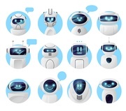 Bots, chat robots or chatbot icons, vector virtual AI of service support. Chat bot icons with message bubbles and smile faces, digital messenger, smart assistance and service center communication