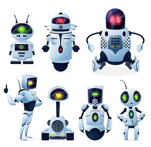 Future androids, alien cyborgs or robot toys. Cute humanoid extraterrestrial robots, with hands and legs, wheels and tracks, clenches and tongs, glowing on screen eyes and antennas cartoon vector set
