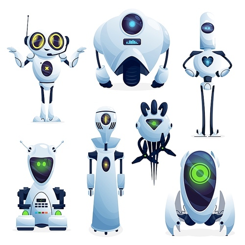 Cartoon robots, vector cyborg characters, toys or bots, artificial intelligence technology. Friendly robots with long arms or tentacles and digital glowing faces, cute electronic isolated icons set