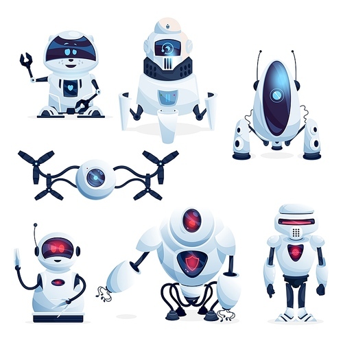 Alien life robots, future drones and android toys cartoon characters. Cute robotic raccoon, flying droids and sci-fi machines with artificial intelligence, scary cyborgs with glowing red eyes vector