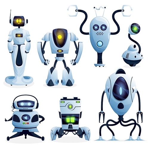 Robots cartoon characters and android bots, vector. Future AI Robot cyborg and droid machines, digital futuristic technology and computer game artificial intelligence, robotic creatures