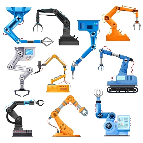 Industrial robotic arms of robot manipulator, vector. Manufacturing automation technology. Industrial articulated robots with rotary joints and mechanical hands with laser and welding torch