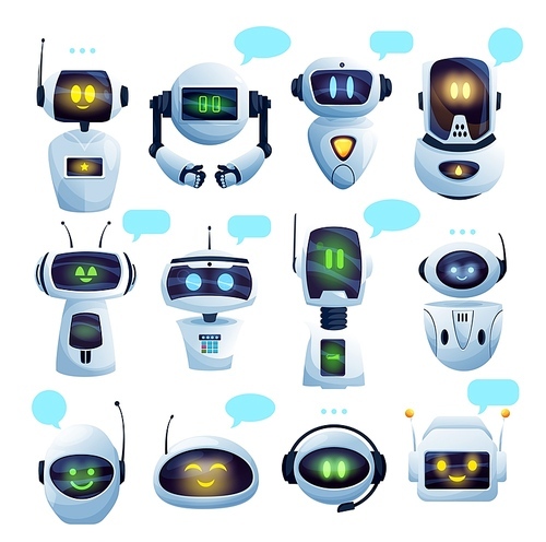 Chat bot or chatbot robot cartoon characters with vector speech bubbles. Ai robots of virtual customer support service and artificial intelligence online assistants with faces, microphones, antennas