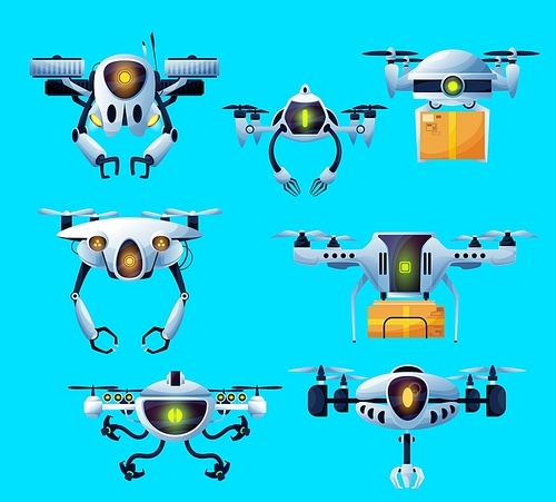 Drone robots, flying technology and delivery parcels, vector remote control aircraft. Robot drones with camera surveillance and copters for air delivery logistics, transportation or future service