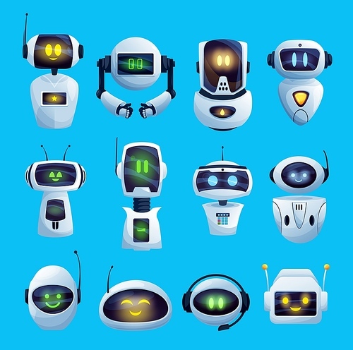 Cartoon chat bot and robots vector icons, artificial intelligence cyborg characters. Cute droids or chat bots futuristic robots heads with digital face screens, antenna and headset. Android technology