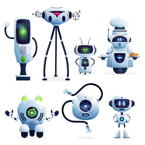 Ai robot cartoon characters with vector white robotic machines, modern toys, artificial intelligence androids and future technology cyborgs. Cute humanoid droids and computer bots with manipulators