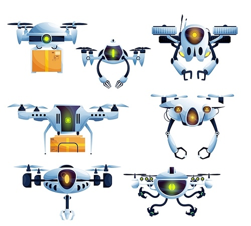 Flying robot, droid drone and copter cartoon characters. Vector aircraft. Unmanned aerial vehicle robots and helicopters with cameras and propellers, military surveillance and package delivery
