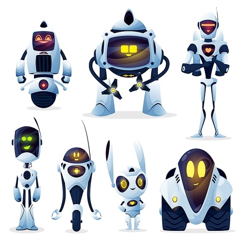 Robots and android bots, cartoon toy characters, vector AI cyborgs. Robot cyborg machines with digital artificial intelligence and mechanical arms, computer game robotic droid creatures on wheels