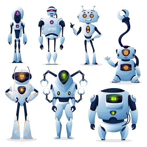 Cartoon robots, cyborg androids and robotic AI creatures vector characters. AI and droids, robo technology machines with digital artificial intelligence, mechanical robots