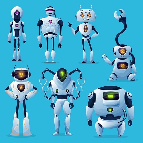 Cute robots and bots, vector artificial intelligence and ai cartoon characters. White modern robot helpers, androids, cyborgs and droids with manipulator arms, humanoid metal bodies and antennas