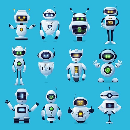 Robot cartoon characters with vector ai or artificial intelligence robotic machines. Modern white robots, toys, humanoid androids and chatbots with cute face screens, antennas and manipulators