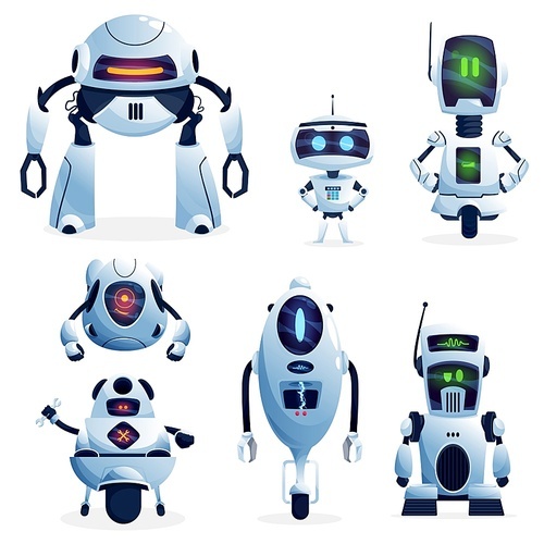 Cartoon robots, vector cyborg characters, toys or bots, artificial intelligence technology. Friendly robots with long arms or tentacles and digital glow faces, cute electronic bots isolated icons set