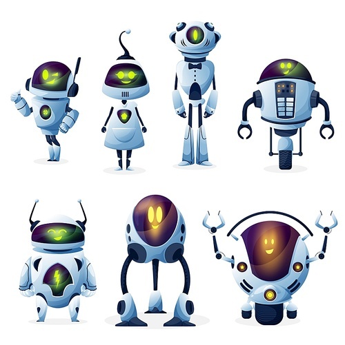 Robot with artificial intelligence cartoon characters with vector female and male bots. Cute modern android woman, cyborg men and robotic helpers with funny smiling faces, future technologies design