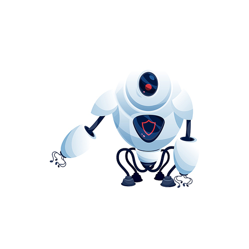 Ai robot with suctions on arms and legs isolated sci-fi white android, camera on head Vector modern technologies character, plastic machine helper, kids toy. Artificial intelligence, digital interface