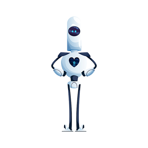 Robot with hands and long legs, heart on display isolated cartoon character with flexible arms. Vector futuristic electronic humanoid. Artificial intelligence character robot standing on suction cups
