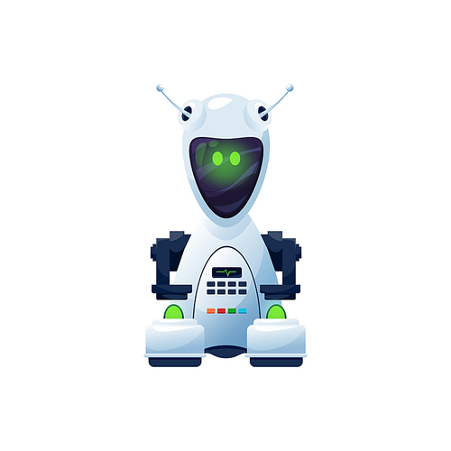 Cartoon robot vector cyborg character. Artificial intelligence technology, friendly toy or bot with digital glow face, green eyes and heart beating line on display. Cute chatbot with antennas on head