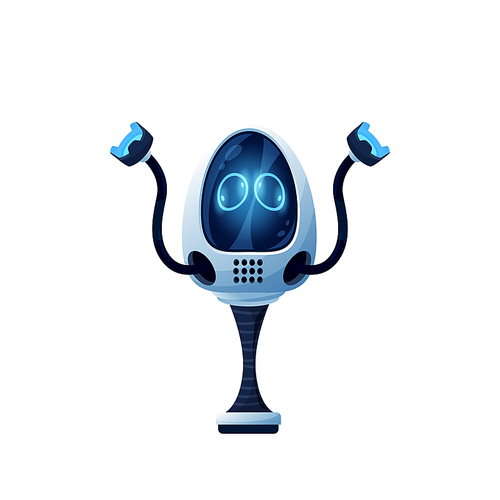 Electronic android automation, cyberpunk manufacturing cyborg isolated icon. Vector robot with hands on stand, character with flexible arms. Vector robot with suction cup limbs, industrial machine