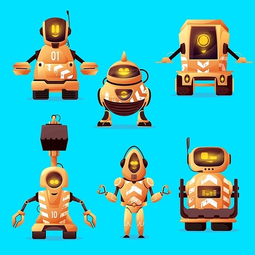 Robot road worker characters with cartoon vector artificial intelligence bots. Robots, android bots, cyborgs and droids with road construction and repair equipment, manipulator arms and excavator boom