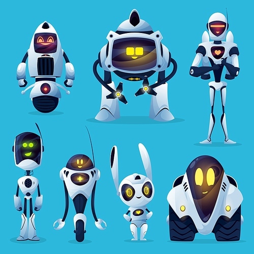 Modern robot cartoon characters with vector white artificial intelligence bots. Cute ai robot toys, androids and cyborgs, chatbots and droid helpers, future technology and robotics engineering design