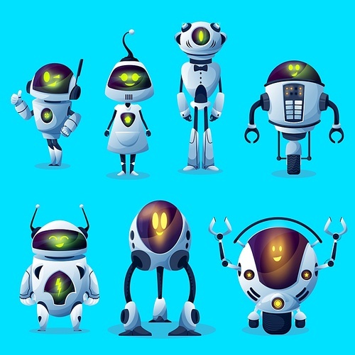 Robots, cartoon toy android bot characters, vector AI cyborg monsters on wheels. Robot cyborg machines with digital artificial intelligence and mechanical arms, computer game robotic creatures