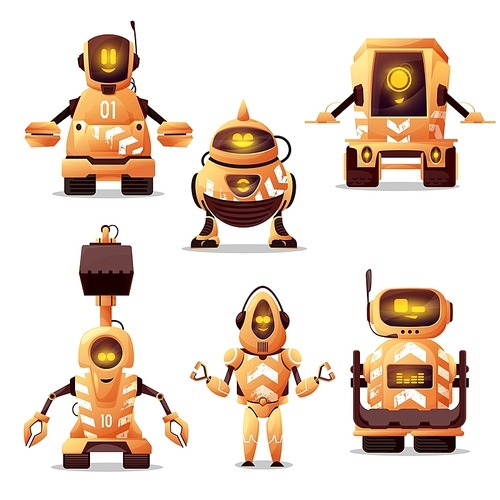 Robots road workers, vector cyborgs with friendly glow faces and construction machinery parts. Artificial intelligence technology characters, cartoon robots with excavator bucket, caterpillars truck
