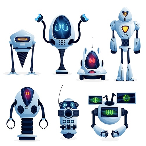 Cartoon future robots, industry robotic workers characters. Vector androids on wheels, droids with clenches hands and drill, machine assistant with AI, toy or alien models with glowing neon light eyes