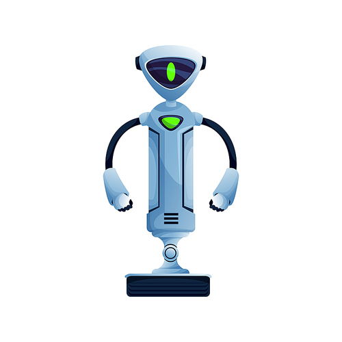 Future android robot on moving stand with two hands and turn on display on face isolated. Vector kids toy futuristic character, artificial sci fi cartoon cyborg. Ai bot, android robotic smart helper