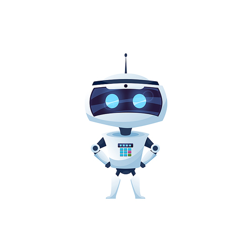 Cartoon robot vector icon, cyborg character, toy or bot, artificial intelligence technology. Friendly robot arms akimbo and and digital glow face, cute electronic chatbot isolated sign