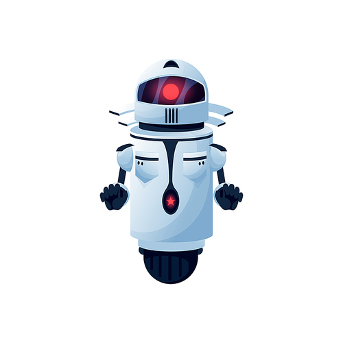 Robot android with hands and interface on head isolated cartoon icon. Vector artificial intelligence electronic space automaton. Digital character, eye on head. Kids toy, white robotic friendly bot