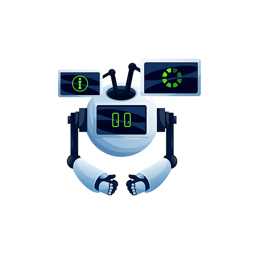Robot chatbot with digital screens dashboards with data graphics isolated realistic customer service character. Vector cyber android machine, modern technologies vr cyberpunk with help displays