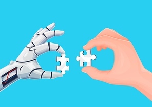 Robot and human hands connecting jigsaw puzzle pieces. Artificial intelligence technology vector concept, digital future and work robotic automation, problem solution and cooperation with AI
