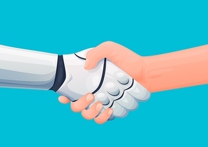 Cooperation with artificial intelligence. Human shaking hand with robot or android, man welcoming cyborg, future machine or robotic alien. Cartoon vector robot and man partnership handshake