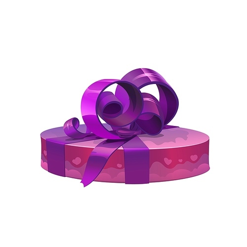 Round purple gift box with bow, vector Christmas or Xmas, Birthday and Valentine Day holiday celebration design. Present or surprise package in wrapping paper with hearts pattern and silk ribbon