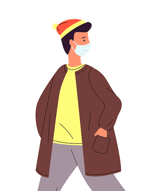 Vector illustration of young man in hat and in medical mask looking back. Viral pandemic, protection against infection of covid19. Coronavirus 2019-ncov flu. Respiratory protection from virus pandemia
