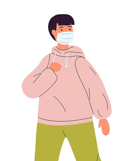 Vector illustration of young man in hoodie wearing face medical mask. Viral pandemic, protection against infection of covid19. Coronavirus 2019-ncov flu. Respiratory protection from virus pandemia