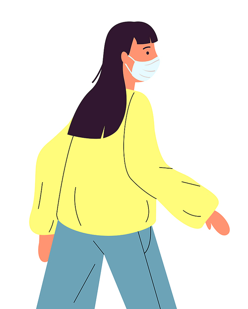 Vector illustration of young woman in hoodie wearing face medical mask. Viral pandemic, protection against infection of covid19. Coronavirus 2019-ncov flu. Respiratory protection from virus pandemia