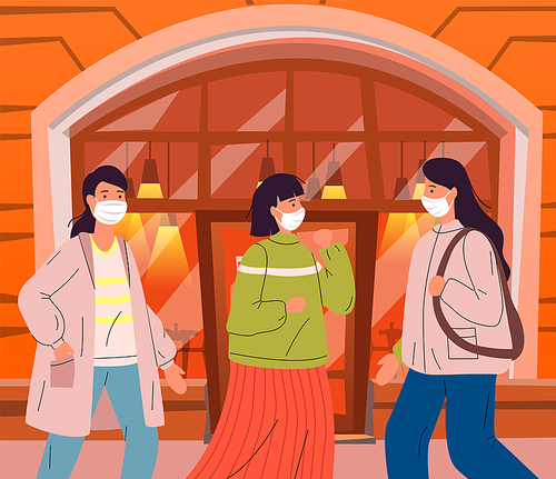 Young women wearing face medical masks walking in public place during virus pandemia, dont keep safe distance outdoors during quarantine. Vector illustration of young women in medical masks near cafe