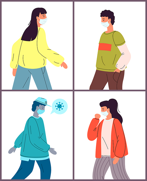 Set of flat vector illustrations with healthy and unhealthy people in medical masks. Viral pandemic protection from virus. Web icons with infected young woman and men, carrier virus in masks. Covid-19