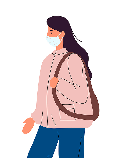Portrait of young brunette long-haired woman in medical mask with backpack. Viral pandemic, protection against infection of covid19. Coronavirus 2019-ncov flu. Respiratory protection from virus