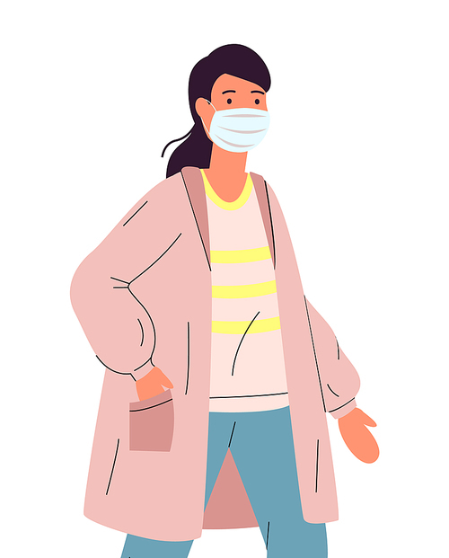 Portrait of young brunette long-haired woman in medical mask. Viral pandemic, protection against infection of covid19. Coronavirus 2019-ncov flu. Respiratory protection from virus. Health and safety