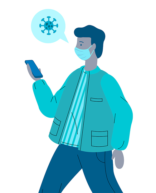 Vector illustration of young infected virus man wearing face medical mask with phone in hands. Guy spread the virus through touching to gadget. Concept of spreading coronavirus despite of medical mask