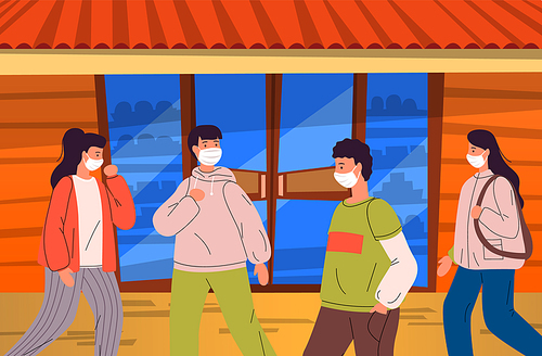 Young people wearing face medical masks walking to shop during virus pandemia. Women and men keep the rules of quarantine to protect from spreading virus in the crowd. Vector flat illustration