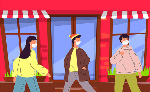 Young people wearing face medical masks walking to shop during virus pandemia. Woman and men keep the rules of quarantine to protect from spreading virus in the crowd. Vector flat illustration