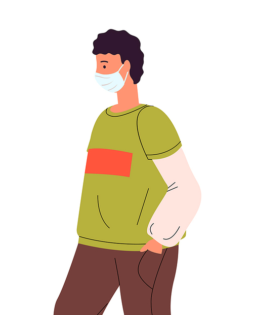Vector illustration of curly guy in t-shirt wearing face medical mask. Viral pandemic, protection against infection of covid19. Coronavirus 2019-ncov flu. Respiratory protection from virus pandemia